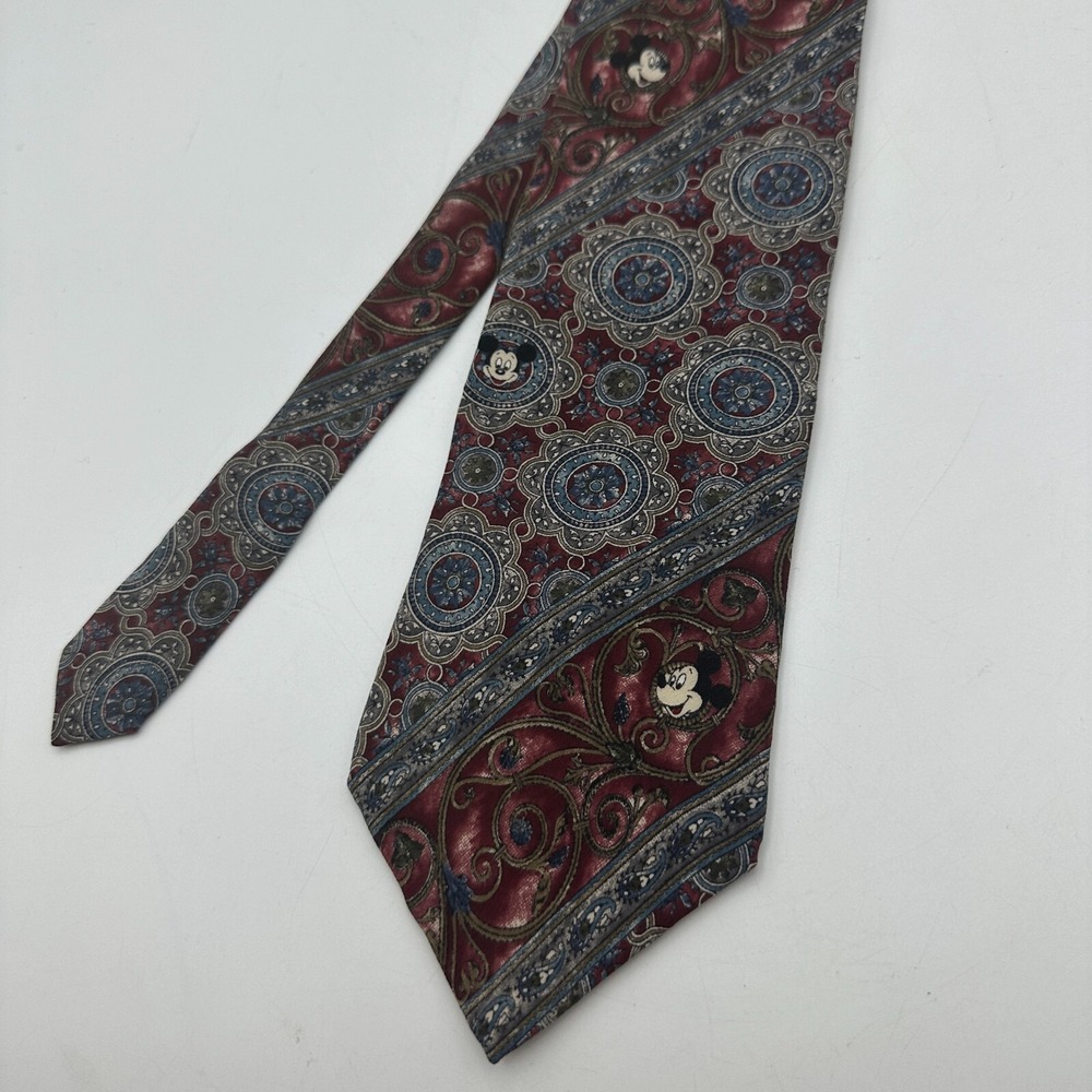 Mickey Inc Necktie Mens One Size Burgundy Blue Medallion Paisley Silk Disney Vtg